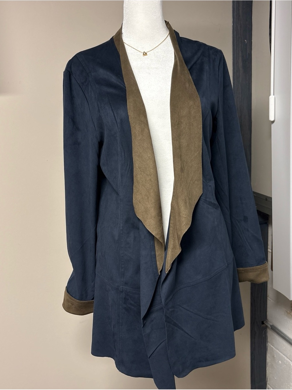 NWT Simply Noelle blue Suede Faux Open-Front Jacket with tan Trim Sz L/XL